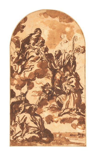 Madonna og barnet, der viser sig for de hellige Ambrosius, Frans af Sales og Nikolaj af Bari (sort kridt, pen og brunt blæk og brunvask på papir) af Carlo Maratta or Maratti