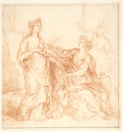 Allegorisk komposition med tre kvindefigurer foran et billede på et staffeli, en med maske ved fødderne, en anden ledsaget af en svane af Carlo Maratti