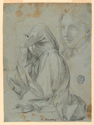 Tegning, studier: Klædet af en knælende kvinde. Hovedet af en ung kvinde, 1650-1675 af Carlo Maratti