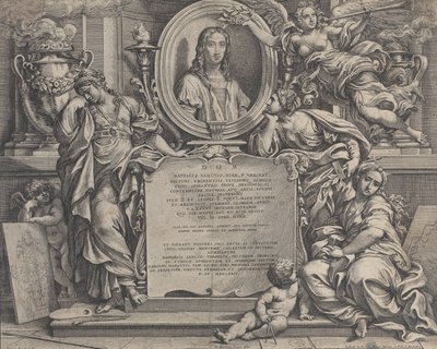 Frontispice med ovalt portræt af Raphael, med tre allegoriske figurer af kunsten sup..., 1675. af Carlo Maratti
