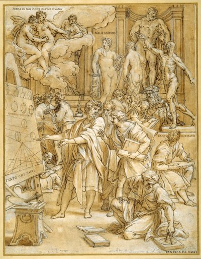 The School of Design (pen & blæk med vask & gouache, over kridt, på papir) af Carlo Maratti