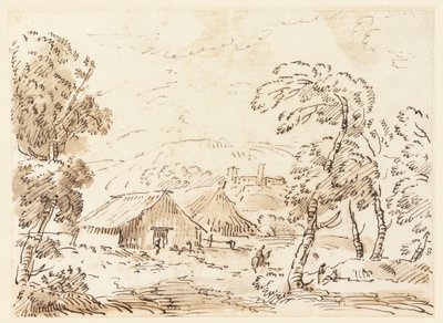Tegning, En bondebolig og et slot i et bjergrigt landskab, 1762-1786 af Carlo Marchionni