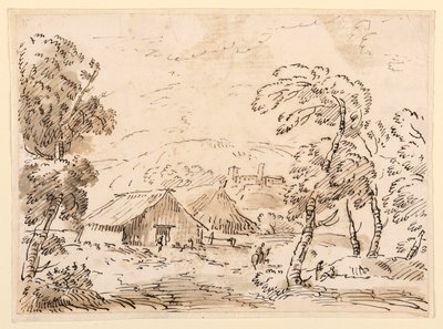 Tegning, En bondebolig og et slot i et bjergrigt landskab, 1762-1786 af Carlo Marchionni