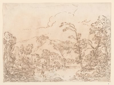 Tegning, En landsby ved en bæk i et bjergrigt land, 1770-86 af Carlo Marchionni