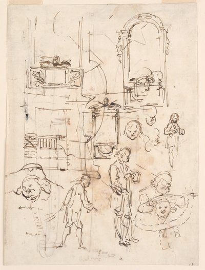 Tegning, arkitektoniske og figurative skitser, ca. 1760 af Carlo Marchionni