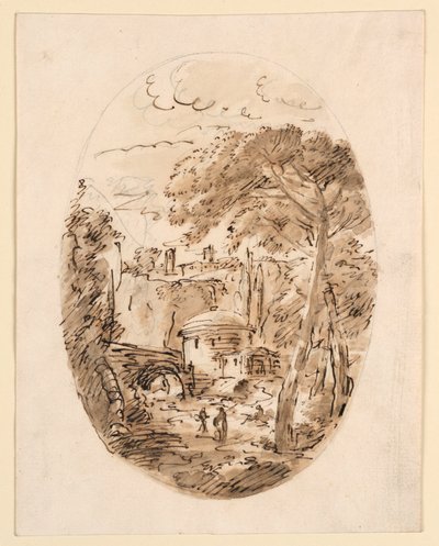 Tegning, Landskab med rytter og bro, 1750-1786 af Carlo Marchionni