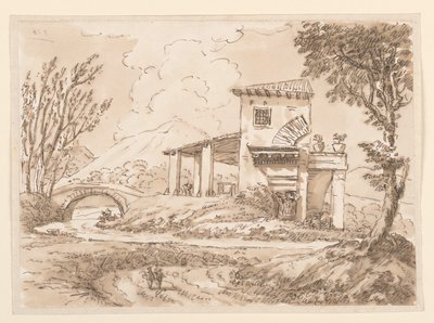 Tegning, Landskab med villa, 1750-60 af Carlo Marchionni