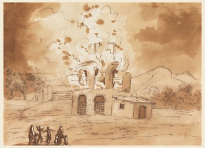 Tegning, landskab med et brændende tårn af Carlo Marchionni