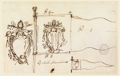 Tegning, Tre skitser til en fane af pave Benedikt XIV, 1740-58 af Carlo Marchionni