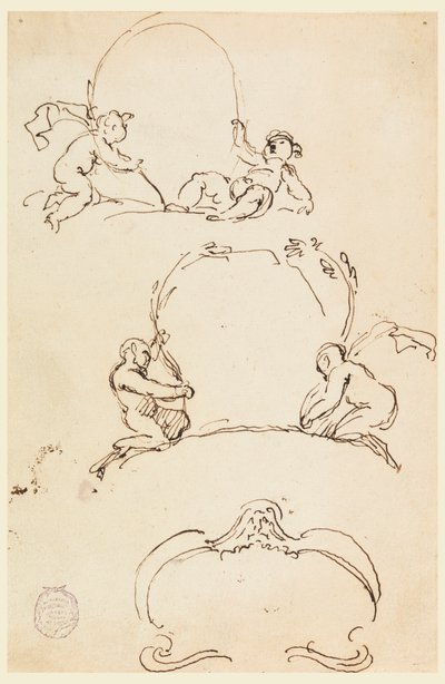Tegning, Tre skitser af kartoucher, før 1775 af Carlo Marchionni