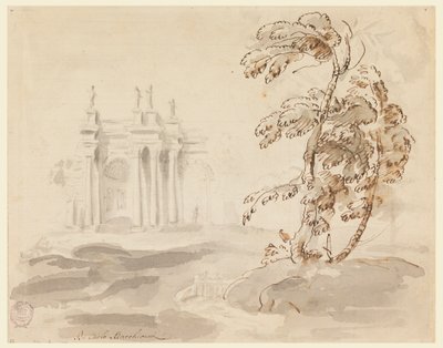 Tegning, Træ i landskab med bygning, 1756-78 af Carlo Marchionni