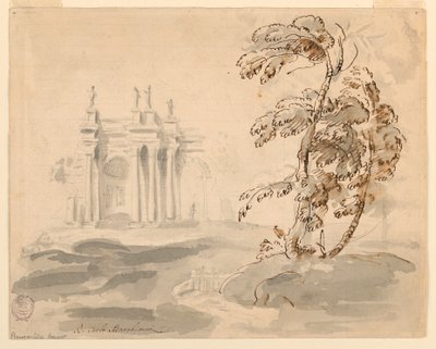 Tegning, Træ i landskab med bygning, 1756-78 af Carlo Marchionni