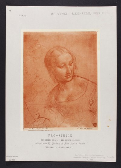 Studie eines weiblichen Büstenbildes, Zeichnung von Leonardo da Vinci (1452-1519) aus der Sammlung der R. Accademia di Belle Arti in Venedig; Tafel aus der Mappe: "Fac-simile dei disegni originali dei maestri classici esistenti nella R. Academia di Belle A af Carlo Naya