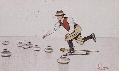 Mand kaster en sten i et spil curling (farve litho) af Carlo Pellegrini