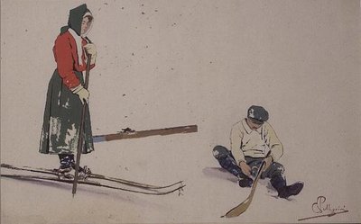 Sikring af sine ski (farve litho) af Carlo Pellegrini