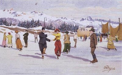 Skatere på skøjtebanen (farve litho) af Carlo Pellegrini