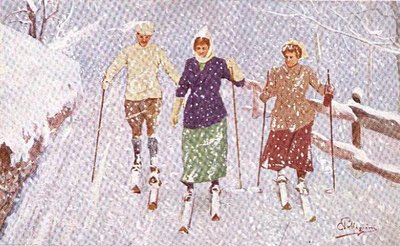 Tre skiløbere i en snestorm (farve litho) af Carlo Pellegrini