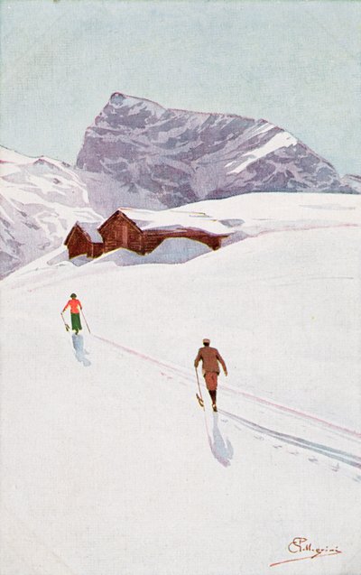 Gåture i bjergene nær Engelberg, Schweiz (farve litho) af Carlo Pellegrini