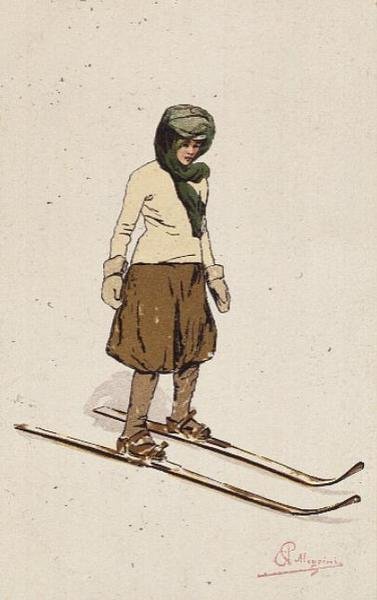 Kvinde på ski (farve litho) af Carlo Pellegrini