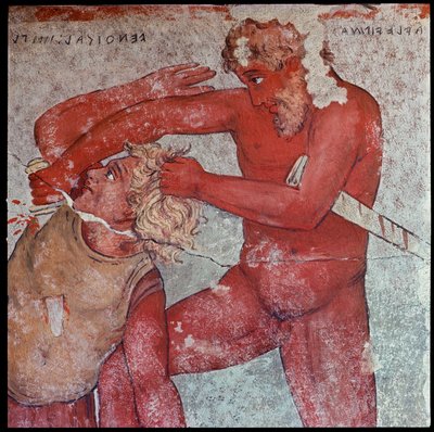 Etruskisk civilisation: "" repræsentation af ofringen af trojanske fanger til hyldest til Patroclus""" gengivelse af Carlo Ruspi (1786-1863) af freskoerne fra det 4. århundrede f.Kr. af Francois Grav af Vulci. Firenze, Arkæologisk Museum af Carlo Ruspi
