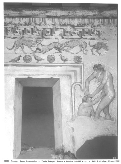 Marce Camitlnas og Cneve Tarchunies Rumach, rekonstruktion af det etruskiske vægmaleri i Francois-graven ved Vulci ca. 320-280 f.Kr. (vægmaleri) (se også 212368, 214590, 214591) af Carlo Ruspi