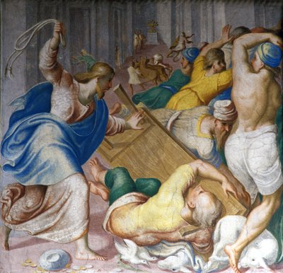 Jesus Kristus driver købmænd ud ved templets porte. Fresco af Carlo Urbino. Milano, S. Maria della Passione. af Carlo Urbino