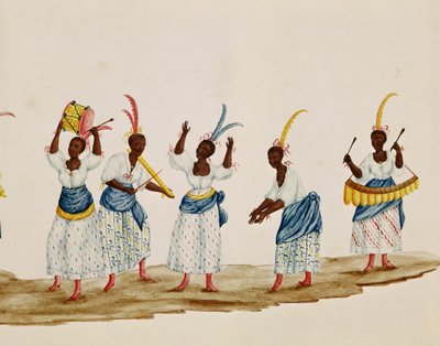 Dronning og hendes suite, detalje med dansere og musikere af Carlos Juliao