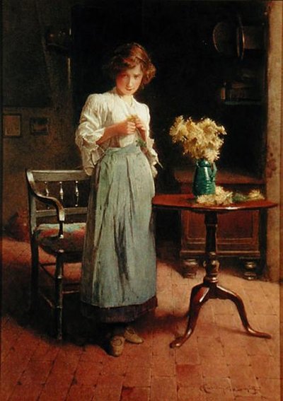 Pige i et sommerhus ved et bord og en stol (akvarel på papir) af Carlton Alfred Smith