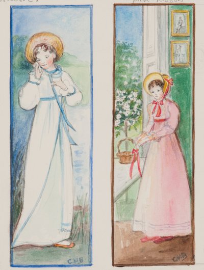 Elizabeth Bennet og Emma Woodhouse, 2011 (wc på papir) af Caroline Hervey Bathurst