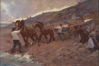 Launching the Lifeboat (olie på lærred) af Caroline St Clair Graham