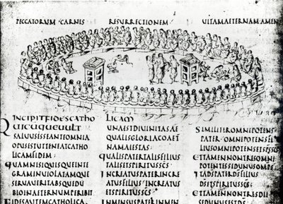 Illustration af en scene fra en af salmerne, fra Utrecht Psalter, kopi af originalen fra Reims nu i Utrecht University Library (pen & blæk) af Carolingian School