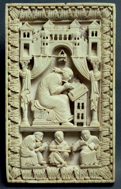 St. Gregory skrift med skriftlærde nedenfor, fransk-tyske skole, c.850-875 af Carolingian School