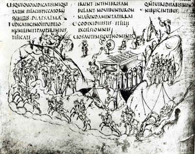 Forskellige scener, der illustrerer en salme, fra Utrecht Psalter, kopi af originalen fra Reims nu i Utrecht University Library (pen & blæk) af Carolingian School
