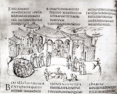 Forskellige scener, der illustrerer en salme, fra Utrecht Psalter, kopi af originalen fra Reims nu i Utrecht University Library (pen & blæk) af Carolingian School