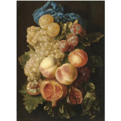 Et stilleben med blommer, druer, ferskner og et granatæble bundet med et blåt bånd af Carstian Luyckx