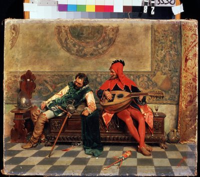 Beruset kriger og hofnar. Maleri af Casimiro Tomba (1857-1929). Olie på lærred, 37 x 47 cm. Italiensk kunst fra det 19. århundrede. M. Kroshitsky Kunstmuseum, Sevastopol. af Casimiro Tomba