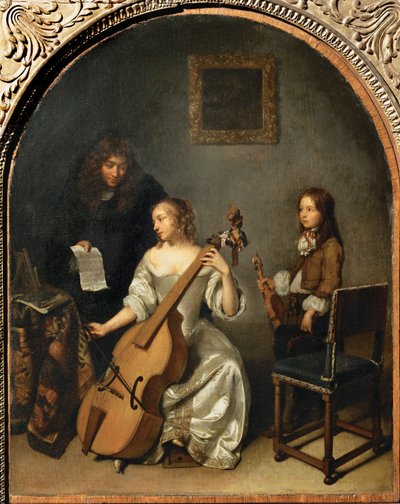 La lecon de basse de viol - Cellolektionen ... af Caspar (studio of) Netscher