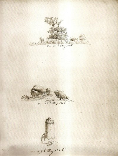 Træ, gravko og tårn af Caspar David Friedrich