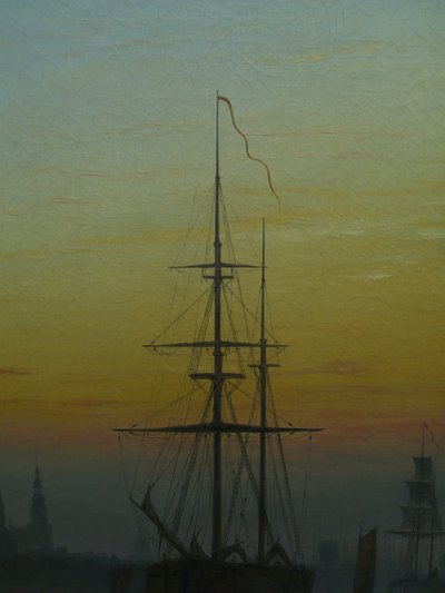 Tysk: Der Greifswalder Hafen Havnen i Greifswald
 detail Alternativ titel(r): Skibe i havnen i Greifswald detail af Caspar David Friedrich