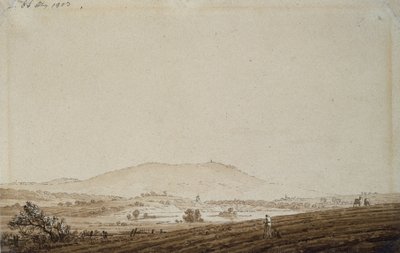 Landskab i Bøhmen med udsigt over Mount Jeschken, 1803 (pen og blækvask på papir) af Caspar David Friedrich