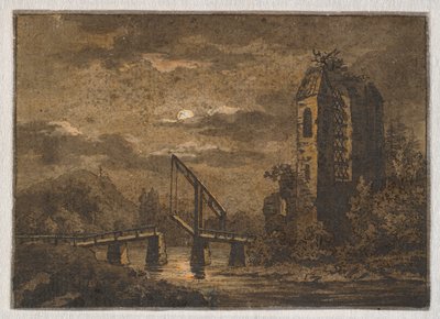 Landskab med vippebro og ruin i måneskin af Caspar David Friedrich