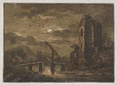 Landskab med vippebro og ruin i måneskin af Caspar David Friedrich