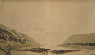 Bjerglandskab med flod om morgenen, 183035 (wc & tempera på gennemsigtigt papir) (par til 265365) af Caspar David Friedrich