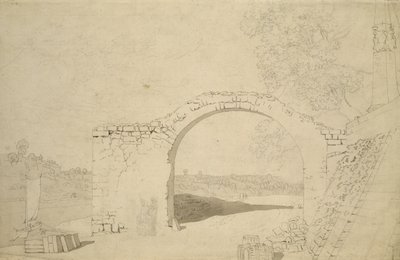 Flodlandskab med en bue (ufærdig) (blyant, pen og wc på papir) af Caspar David Friedrich