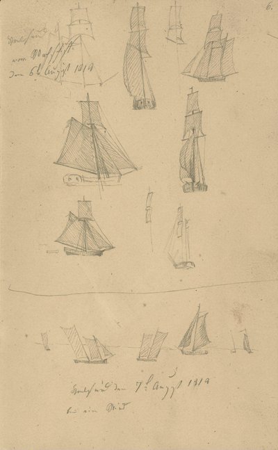 Studier af sejlskibe af Caspar David Friedrich