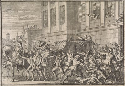 Angreb ved Madrid på greven af ​​Olivares, Gaspard de Gusmáns vogn, 1643 af Caspar Luyken (attributed to)