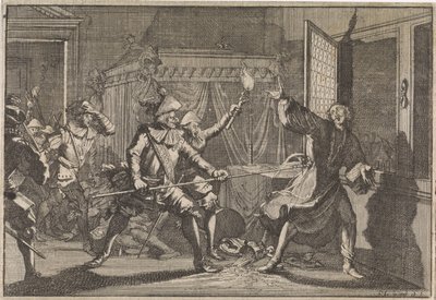 Albrecht von Wallenstein, hertug af Friedland, bliver myrdet af sine egne soldater, 1634 af Caspar Luyken (attributed to)