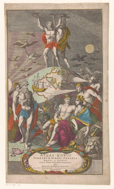 Atlas en Hercules bærer sternerhemel Titelside for: Johann Baptista Homan, Et nyt atlas over verdensrigerne, kongerigerne og staterne, der viser nøjagtige geografiske tabeller, 1710 af Caspar Luyken