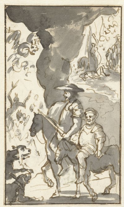 Don Quichotte og Sancho Panza kører forbi en smedje Design til femte bind af Histoire de l