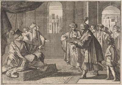 Guei-tschun, premierminister under kejser Chongzhen, bliver bragt et silketov til at hænge sig selv, 1643 af Caspar Luyken